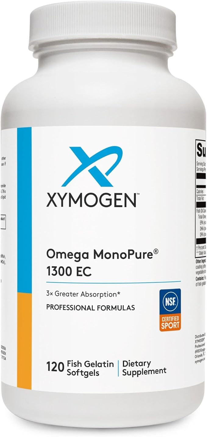 XYMOGEN Omega MonoPure 1300 EC - Heart &amp Brain Support - DHA &amp EPA Omega-3 Fish Oil - Monoglyceride High Absorption Softgels - Enteric Coated - 120 Softgels