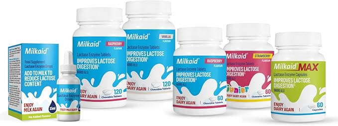Milkaid Lactase Enzyme Drops for Lactose Intolerance &amp Max Lactase Enzyme Capsules | Fast Acting Dairy Digestive Supplement | Prevent Gas &amp Bloating | 0.50 FL.OZ. &amp 60 Capsules 9000 ALU