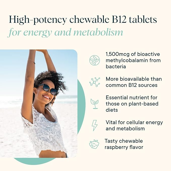 Ora Organic Vitamin B12 1500mcg - Plant-Based methylcobalamin for Adults - Natural Stimulant-Free Energy Raspberry Flavor chewable Tablets no Added Sugar - 30 Tablets