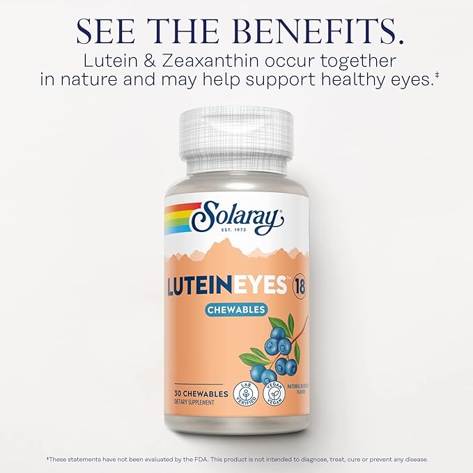 SOLARAY Chewable Lutein Eyes 18 | Eye &amp Macular Health Support Supplement w/Naturally Occurring Lutein and Zeaxanthin | Non-GMO | 30 Chewables
