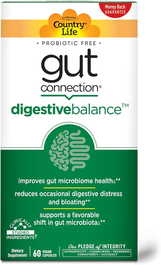 Country Life Gut Connection Digestive Balance – Prebiotic &amp Digestive Enzyme Supplement for Gut Health Bloating Relief and Improved Bowel Movements – Gluten-Free Vegan Non-GMO 60 Capsules