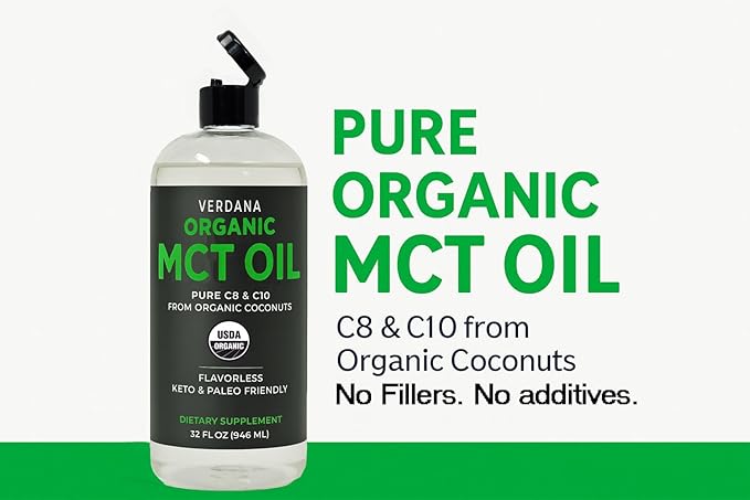 Verdana Organic MCT Oil 32 fl oz – Pure C8 &amp C10 from Organic Coconuts Flavorless MCT Oil for Coffee &amp Smoothies Keto &amp Paleo Friendly Non-GMO Kosher Dietary Supplement