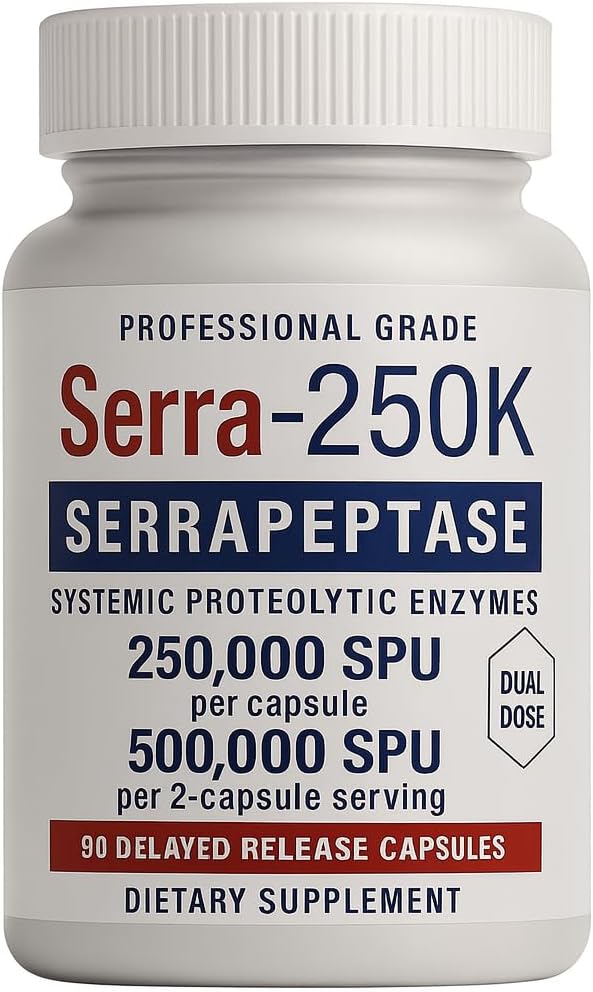 Serra-250k Serrapeptase 250000 SPU Per Capsule | 500000 SPU High Potency Enzyme | 90 Capsules | Delayed-Release Serrapeptase | Maximum Strength Vegan Non-GMO Systemic Enzyme for Recovery &amp Welln