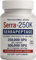 Serra-250k Serrapeptase 250000 SPU Per Capsule | 500000 SPU High Potency Enzyme | 90 Capsules | Delayed-Release Serrapeptase | Maximum Strength Vegan Non-GMO Systemic Enzyme for Recovery &amp Welln