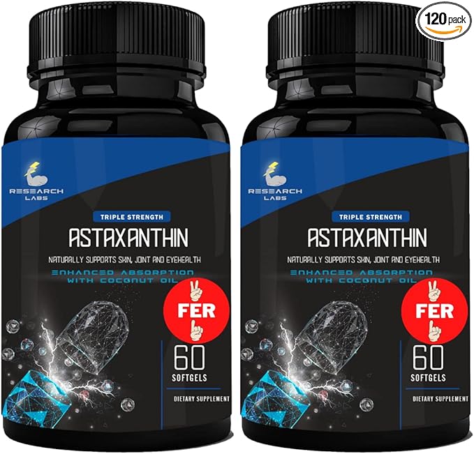 Research Labs Triple Strength Natural Astaxanthin 12mg Softgels + Extra Bottle Organic Coconut Oil for Enhanced Absorption Powerful Antioxidant Supports Eye Joint &amp Heart Health 120 Total Softgels