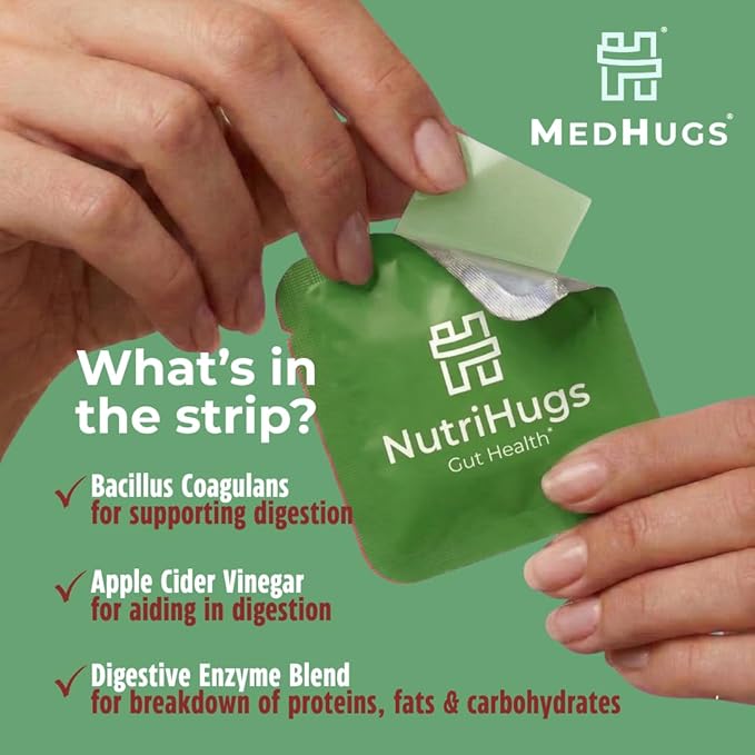 NutriHugs Gut Health Probiotic Oral Strips - Bacillus Coagulans Apple Cider Vinegar Digestive Enzymes | Vegan Sugar-Free Non-GMO | Doctor-Formulated | 30 Dissolving Strips