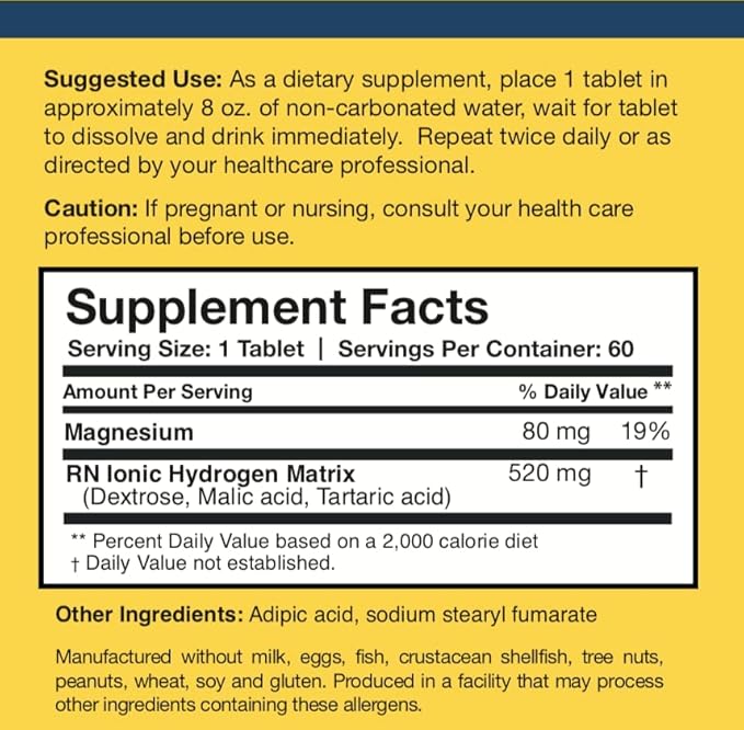 Researched Nutritionals H2 Absorb Molecular Hydrogen Tablets - Instant Hydrogenated Water &amp Antioxidant Supplement - Rejuvenating Drink to Promote Energy &amp Healthy Aging (60 Tablets)