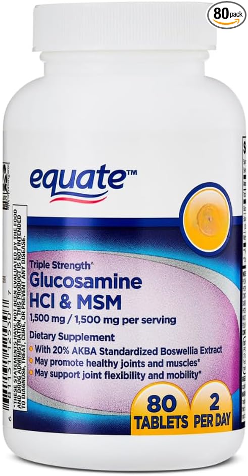 Equate Triple Strength Glucosamine HCI 1500mg + MSM 1500mg + Boswellia Extract Tablets 80 Count Sticker