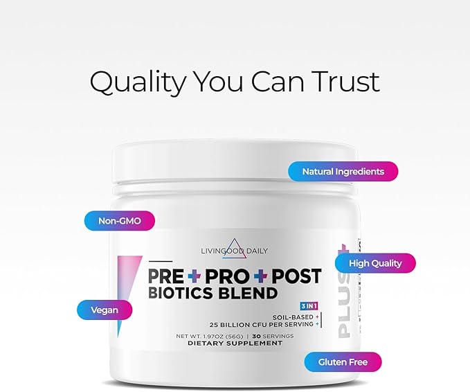 Livingood Daily Pre Pro Post Biotics Blend Powder Digestive Health Supplement with Prebiotics from Organic Blue Agave Inulin SBO Probiotics Probiotics for Women &amp Men Non GMO Vegan 30 Servin