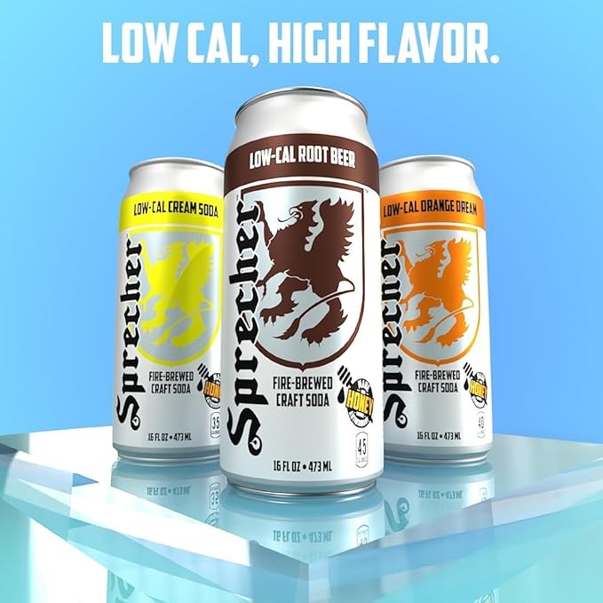 Sprecher Low Cal Root Beer Soda 16 fl oz Cans (12 Pack) Fire-Brewed Reduced Calorie Craft Soda with Real Honey Caffeine-Free Gluten Free Kosher Gourmet Soft Drink