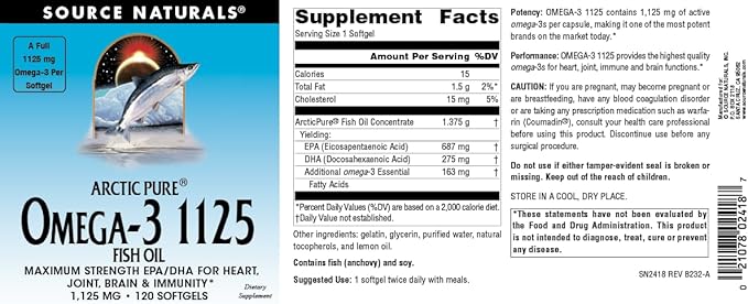Source Naturals ArcticPure Omega-3 Fish Oil 1125mg Ultra Potency Maximum Strength EPA + DHA for Heart Joint Brain &amp Immune Health - 120 Softgels