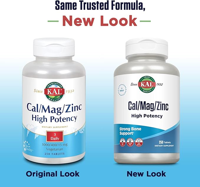 KAL Cal/Mag/Zinc | 1000mg Calcium 400mg Magnesium &amp 15mg Zinc | Bone Muscle Heart &amp Immune Support | 250ct 83 Serv.