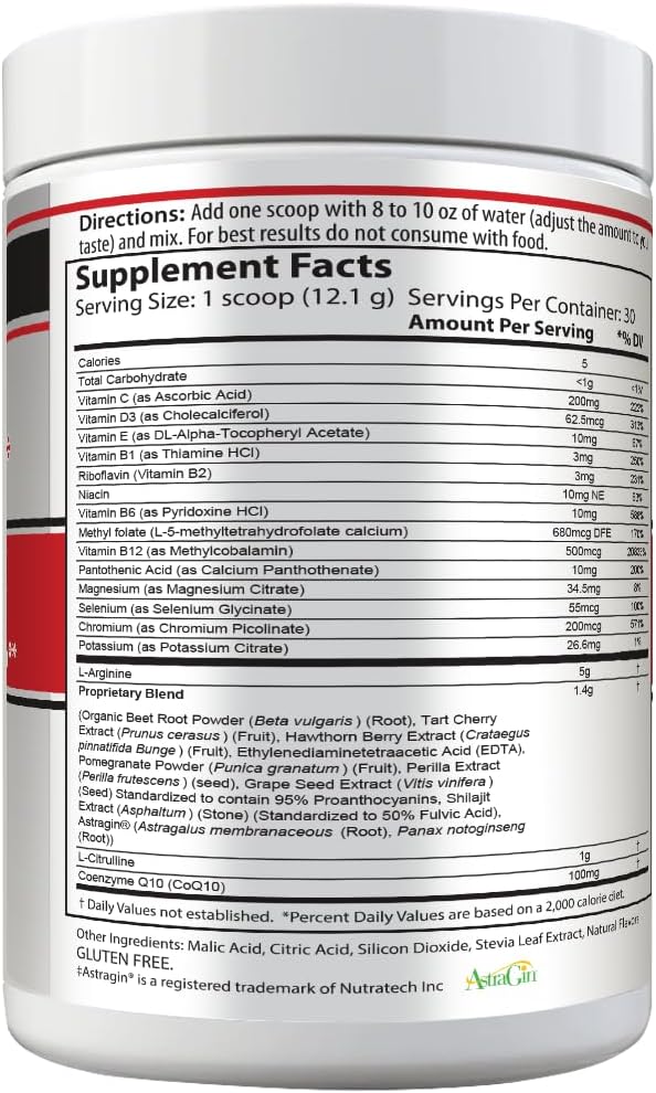 Cardio 911® Nitric Oxide Heart &amp Circulation Support - 5000mg L-Arginine &amp 1000mg L-Citrulline - Mixed Berry 30 Servings Powder 363 Grams - CoQ10 Beet Root - High Potency Cardiovascular Form