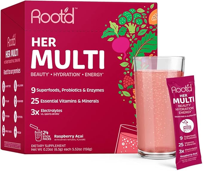 Root'd Multivitamin Powder for Women - 25 Vitamins &amp Minerals with 3X Electrolytes 9 Organic Superfoods Probiotics &amp Enzymes Sugar-Free Multivitamin &amp Hydration | 24 Vitamin Drink Mix P