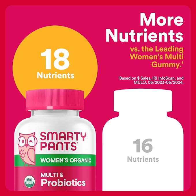 SmartyPants Organic Women's Multivitamin Gummies: BiotinProbioticsMethylfolateOmega 3 (ALA)Vitamin D3CVitamin B12B6AK &amp ZincInositolGluten Free(30 Day Supply)120 Count (Pack of 2)