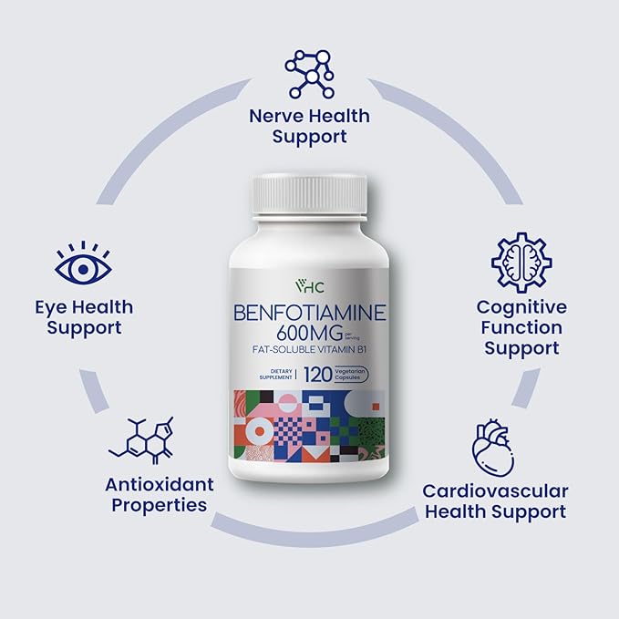 VHC Vitamin B1 Benfotiamine 600mg Supplement- 5X Time Fat-Soluble Thiamine Vitamin B1- Max Boost Bioavailable Thiamine B1 Levels Veggie CapsulesNon-GMO Soy Free- Made in USA (240 Counts)