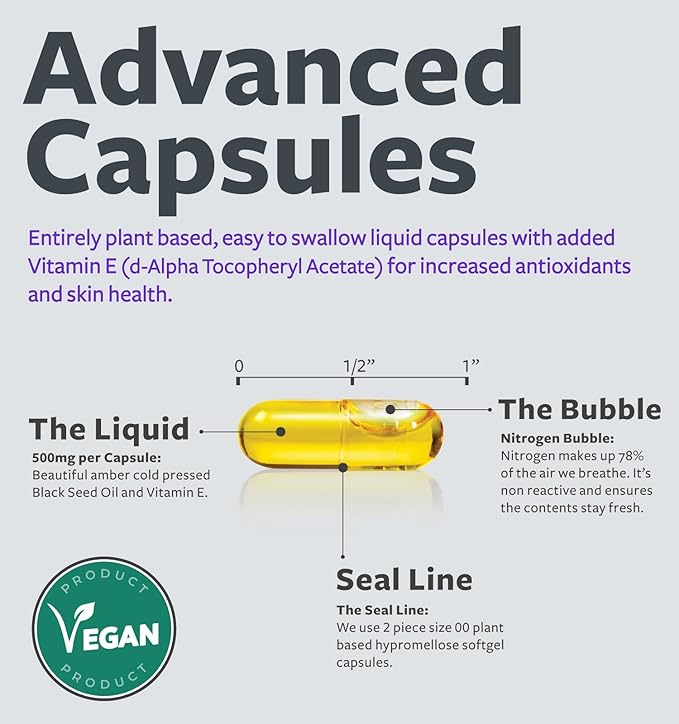 Black Seed Oil - 120 Softgel Capsules Skin Health (Non-GMO &amp Vegan) Cold-Pressed Nigella Sativa Producing Pure Black Cumin Seed Oil with Vitamin E - 500mg Each 1000mg Per 2 Capsule Serving