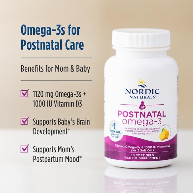 Nordic Naturals Postnatal Omega-3 Lemon - 60 Soft Gels - 1120 Total Omega-3 + 1000 IU Vitamin D3 - Formulated for New Moms Supports Optimal Wellness Positive Mood Healthy Metabolism - 30 Servings