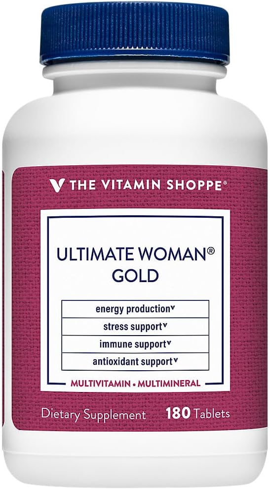 The Vitamin Shoppe Ultimate Woman’s Gold Multivitamin with Iron B Vitamins &amp Vitamin D3 Women’s Daily Multivitamin for Energy Production Bone &amp Immune Health Support Gluten Free 180 Table