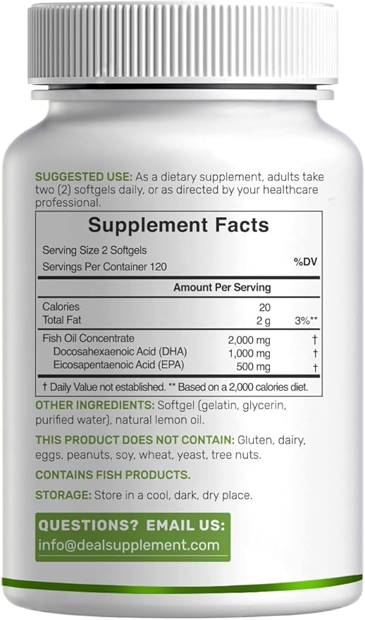 DHA Supplements | 240 Softgels Burpless Lemon Flavor DHA 1000mg + EPA 500mg Wild Caught Fish Rich in Omega-3s Mercury Free Non-GMO Support Brain Heart &amp Joint Health