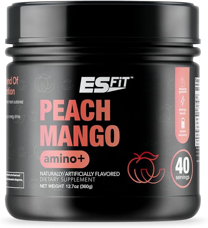 Amino+ Powder - Pre and Post Workout with Caffeine + Green Tea Extract - BCAA Amino Acids Zero Sugar Low Calorie Superior Taste 40 Servings (Peach Mango)