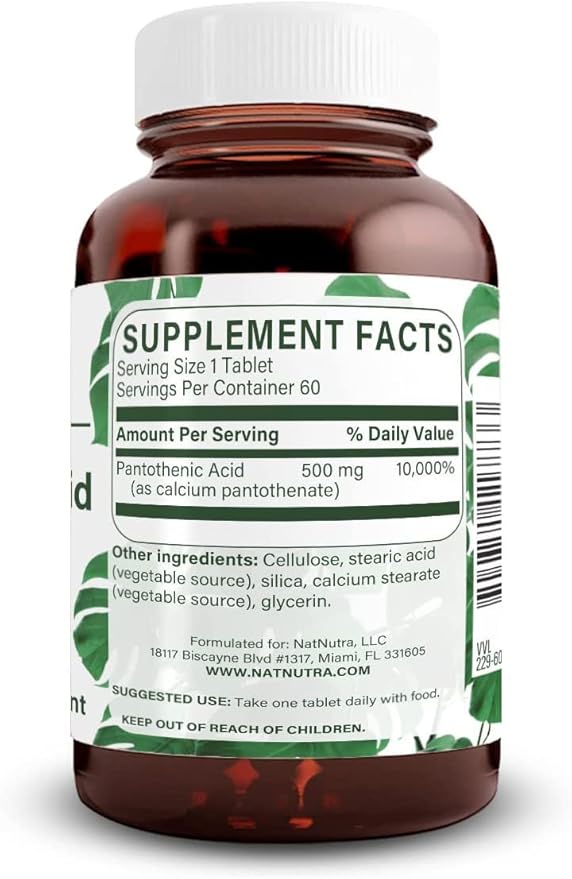 Natural Nutra Time Release Pantothenic Acid 500 mg Vitamin B5 Supplement Helps Break Down Fat and Carbohydrates Metabolism and Energy Improve Muscle Health 60 Vegetarian Tablets (3 Pack)