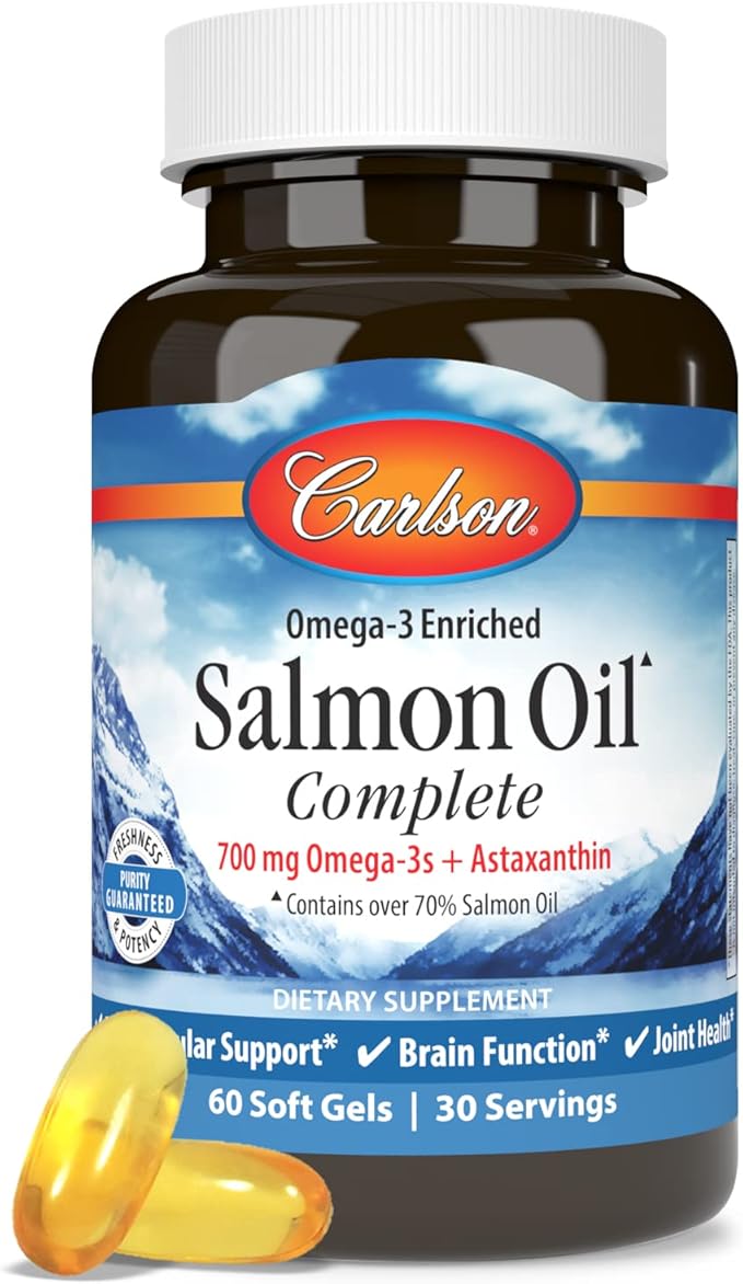 Carlson - Salmon Oil Complete 700 mg Omega-3s + Astaxanthin Cardiovascular Support Brain Function &amp Joint Health 60 Softgels (Pack of 2)