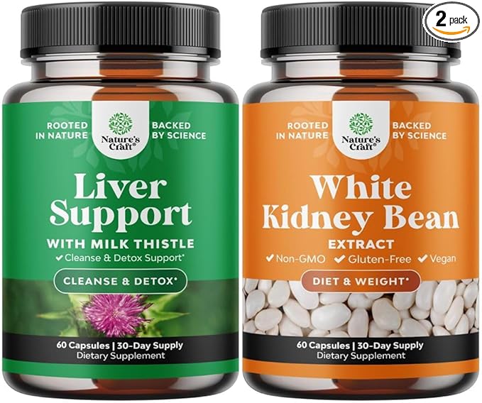 Bundle of Milk Thistle Liver Support Supplement and White Kidney Bean Energy Booster - Herbal Liver Supplement with Silymarin Milk Thistle - Natural Energy Pills and White Bean Extract Supplements