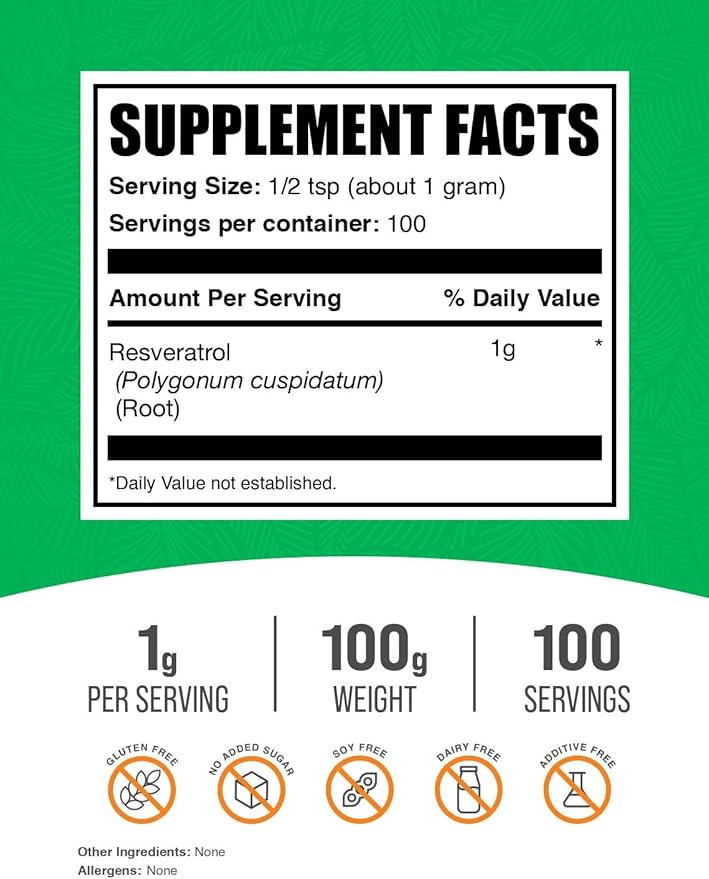 BulkSupplements.com Resveratrol Powder - Resveratrol Supplement from Polygonum Cuspidatum - Antioxidant Gluten Free 1g per Serving 100g (3.5 oz) (Pack of 1)