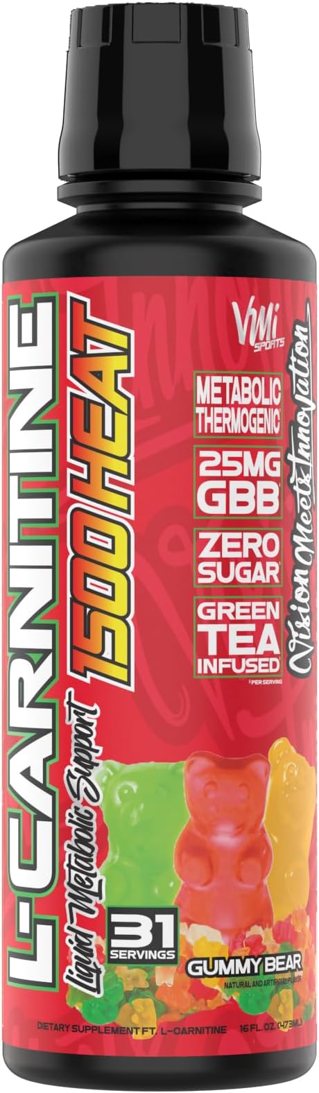 VMI Sports L-Carnitine 1500 Heat Liquid Enhanced Thermogenic | 1500 mg Carnitine | Maximum Absorption Formula | Great Taste for Men &amp Women | 31 Servings (Gummy Bear)
