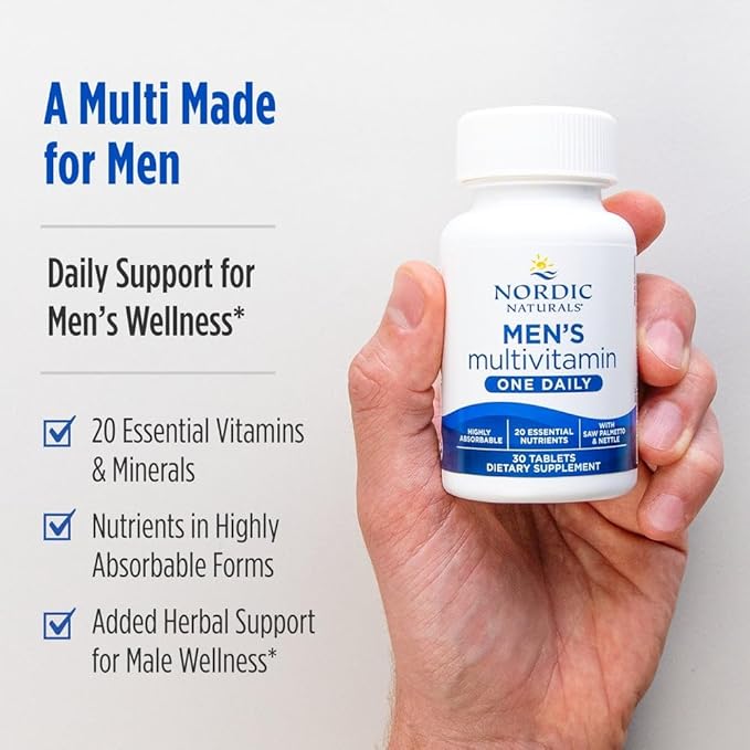 Nordic Naturals Men’s Multivitamin One Daily - Bone Energy &amp Blood-Vessel Support - Immunity Supplement - 20 Essential Nutrients - 30 Tablets - 30 Servings