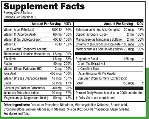 Multivitamin/Multimineral with Turmeric Root Extract Asian Ginseng Vitamin D3 Vitamin B6 Vitamin D Calcium L-Carnitine and Green Tea Extract (60 Count) (30 Day Supply)