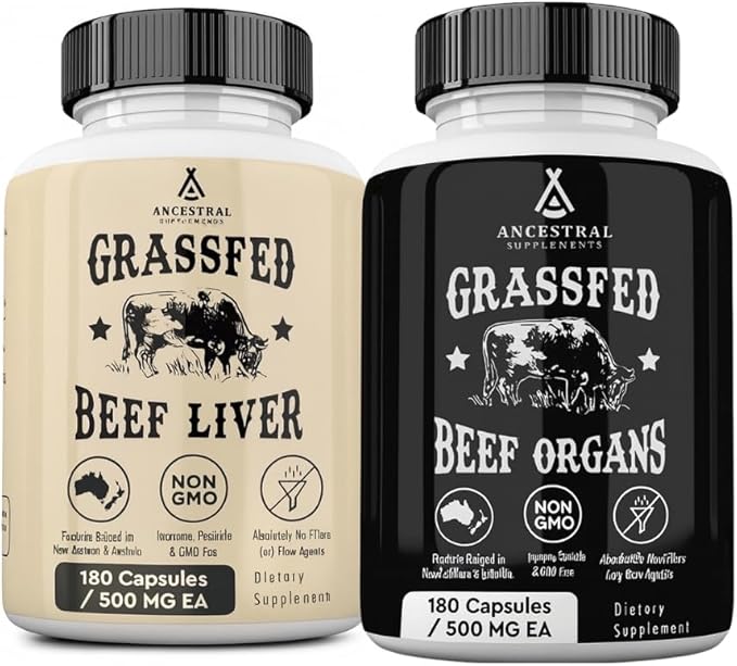 Ancestral Supplements Beef Liver &amp Beef Organs Bundle – Supports Energy Immunity &amp Whole Body Wellness – Grass Fed Pasture Raised Multivitamin with Liver Heart Kidney Pancreas &amp Splee