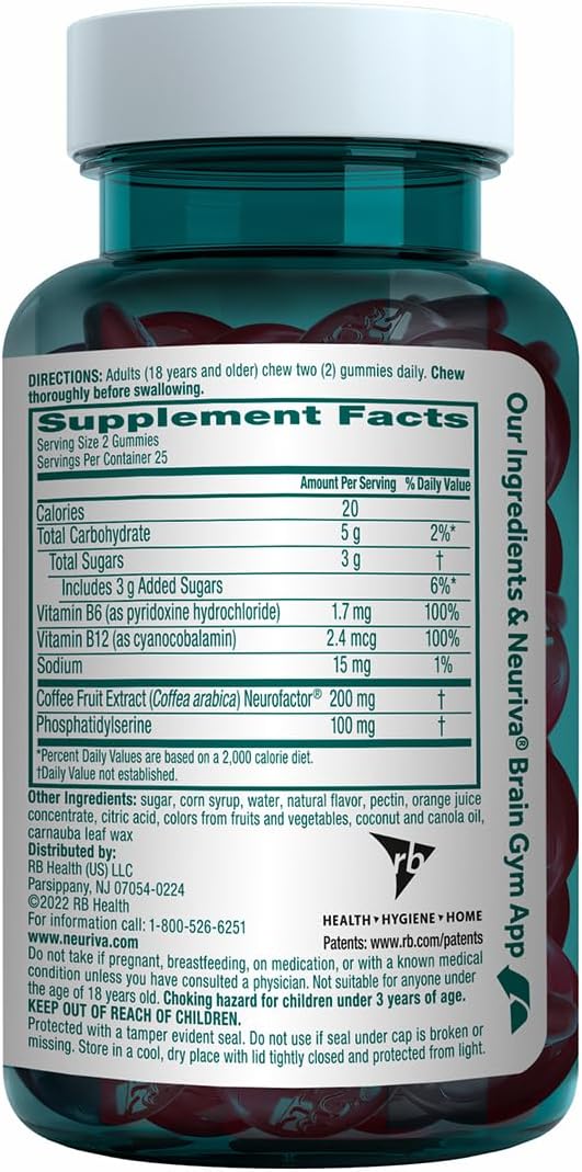 NEURIVA Plus Decaffeinated Nootropic Brain Supplements for Memory Focus Concentration Cognitive Function Clinically Tested NeuroFactor Phosphatidylserine Vitamins B6 B12 50ct Strawberry Gummies