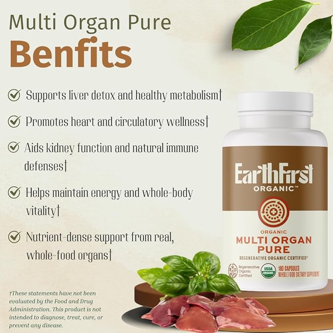 Multi Organ Pure – Regenerative Organic Certified Grass-Fed Organ Blend – Liver Heart &amp Kidney for Energy Detox &amp Metabolic Support – with AB22 Probiotic – 180 Capsules