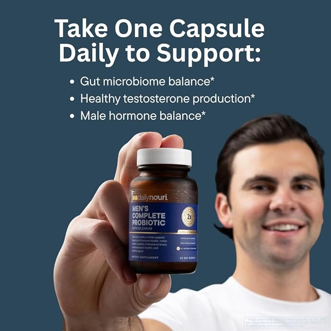 Daily Nouri Probiotics for Men | Gut Microbiome &amp Hormone Balance Support | 5 Clinically Studied Strains + Selenium for Testosterone Sperm Motility &amp Male Reproductive Health | 30-Day Supply