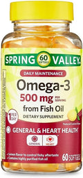 Spring Valley Omega-3 Fish Oil 500mg Omega 3 Fish Oil Fish Oil Omega 3 SupplementsOmega3 Omega 3 Fatty Acid Supplements Fish Oil Supplements= 60 Count