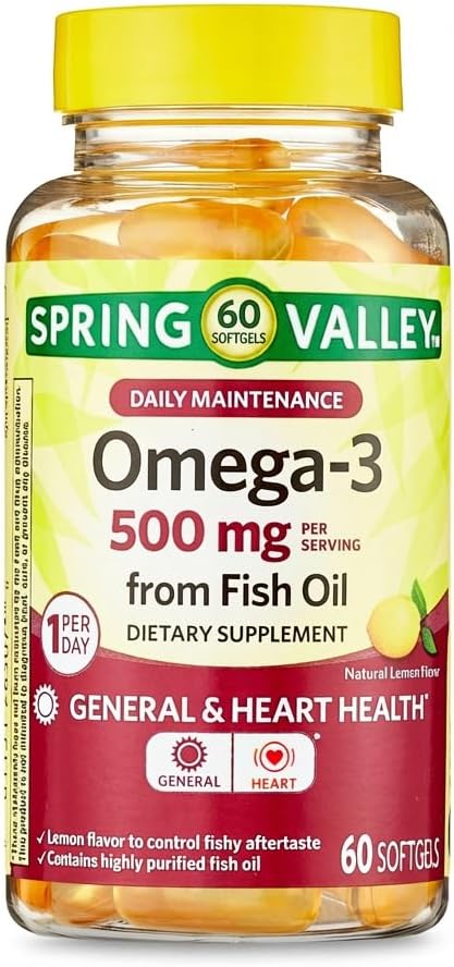 Spring Valley Omega-3 Fish Oil 500mg Omega 3 Fish Oil Fish Oil Omega 3 SupplementsOmega3 Omega 3 Fatty Acid Supplements Fish Oil Supplements= 60 Count