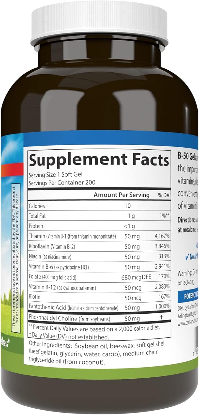 Carlson - B-50 Gels Vitamin B Complex Energy Production Cellular Support &amp Optimal Wellness 200 Softgels
