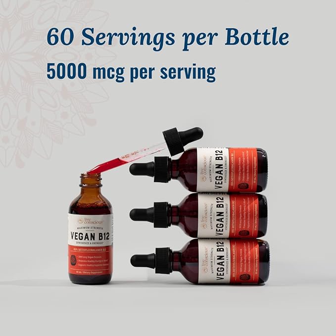 Live Conscious Vegan Vitamin B12 Sublingual Liquid Drops | Methylcobalamin Max Strength B12 5000mcg Formula | Vegan B 12 Vitamin Support Energy | Promote Memory &amp Aid Immune System | 60 Serving