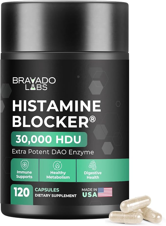 Bravado Labs DAO Supplements Histamine Blocker - Extra Strength 30000 HDU DAO Enzyme + Diamine Oxidase &amp Vitamin C for Daily Histamine Metabolism &amp Immune Support - 120ct