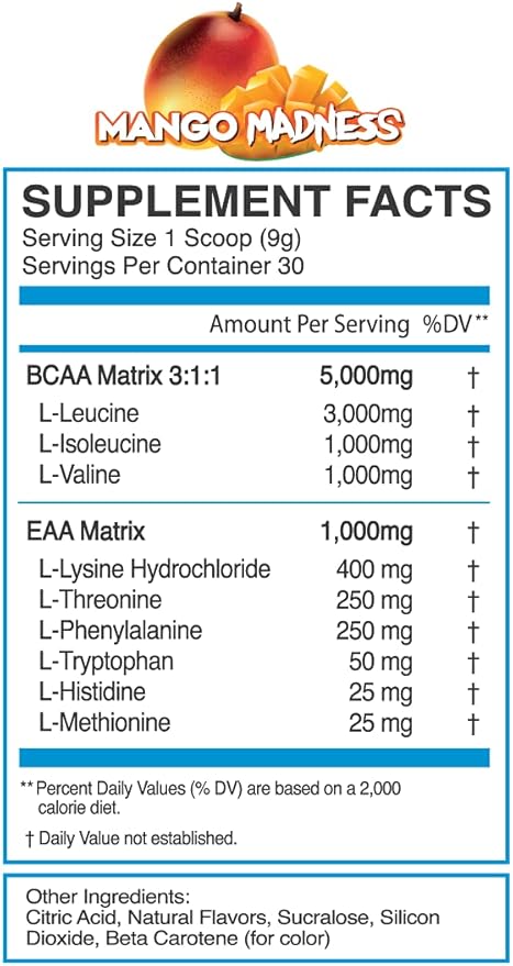eFlow Nutrition Endure BCAA Plus EAA - Essential Amino Acids Electrolyte Powder Intra Workout - Improve Energy Recovery and Performance - Mango Madness (30 Servings)