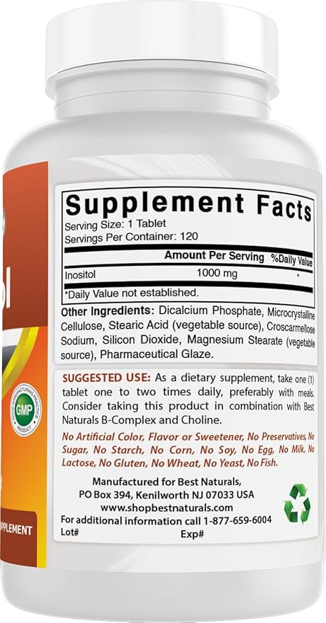 Best Naturals Inositol 1000 mg 120 Tablets (120 Count (Pack of 1)) (120 Count (Packf of 3))