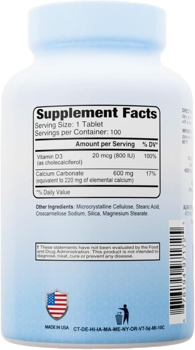 Calcium 600mg + D3 Dietary Supplement by ALFA Vitamins - Promotes Healthy Bones - Healthy Teeth - Healthy Heart - Healthy Nervous System -100 Tablets
