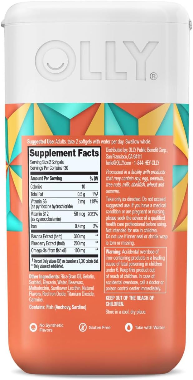 OLLY Ultra Strength Brain Softgels Nootropic Supports Healthy Brain Function Memory Focus and Concentration Omega-3s Vitamins B6 and B12 30 Day Supply - 60 Count (Pack of 2)
