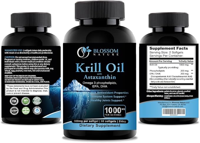 Antarctic Krill Oil 1000mg Softgels with Astaxanthin – Omega-3 EPA &amp DHA Supplement for Heart Brain and Joint Health in Form of Phospholipids– 60 Vanilla-Flavored Softgels