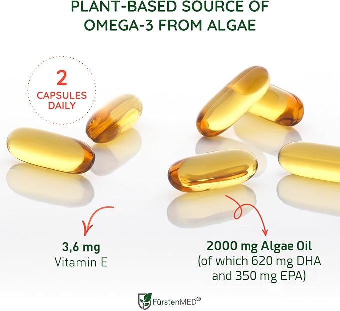 FürstenMED Algae Oil Vegan Omega 3 - Heart Brain &amp Joint Health Support - 2000mg Algae Oil of which 700mg DHA &amp 320mg EPA + 3 6mg Vitamin E per Daily Dose - Essential Fatty Acids