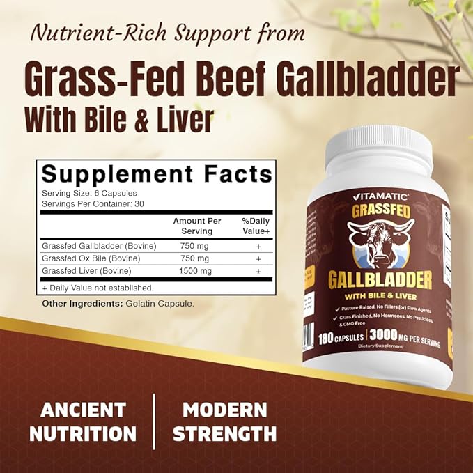 Vitamatic Grass-Fed Beef Gallblader with Bile &amp Liver 180 Capsules – Freeze-Dried Non-GMO Bovine Liver Supplement – Pasture-Raised Glandular-Based Formula