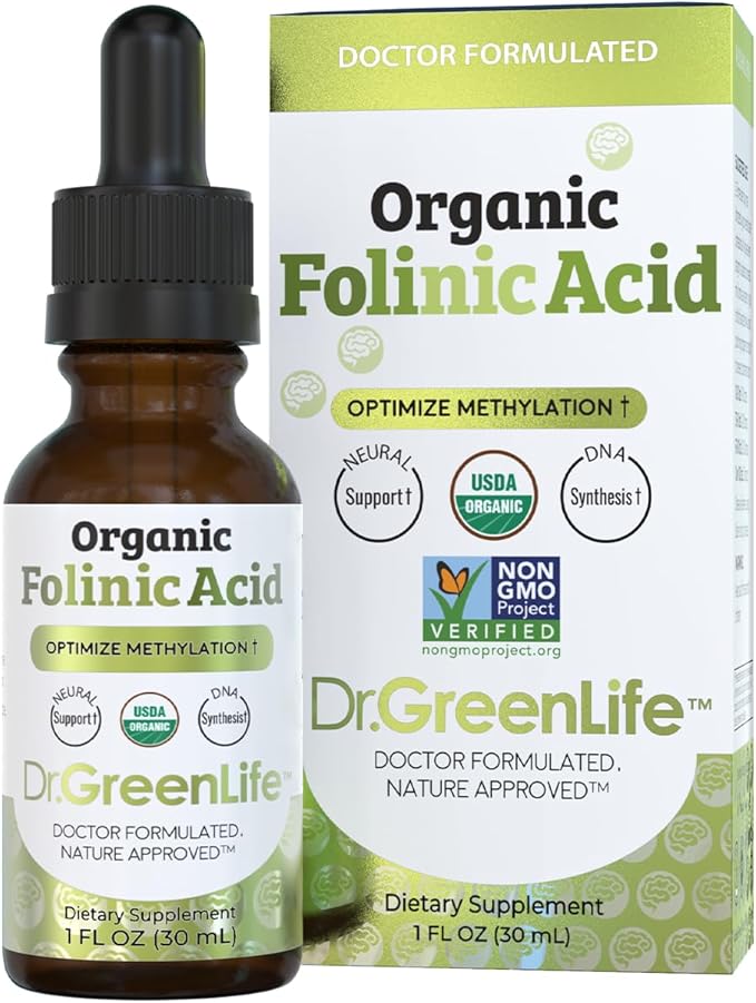 Dr. Green Mom USDA Organic Folinic Acid Drops - 500 mcg per Drop | Methylation Support B9 Supplements for Kids &amp Adults | Supports Neurological Function Nervous System Health &amp DNA Synthesis