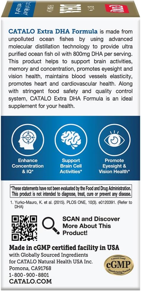 CATALO Extra DHA Formula 800mg DHA per Serving Ocean Fish Oil Softgels with Natural Lemon Flavor Advanced Molecular Distillation Easy-to-Swallow No Artificial Colors &amp Preservatives – 90 Soft